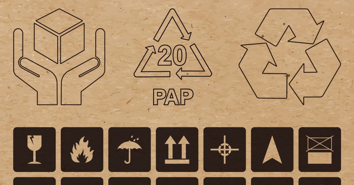 A cardboard box with display showing a variety of symbols, including recycling, flammable, delicate, and disposable symbols.