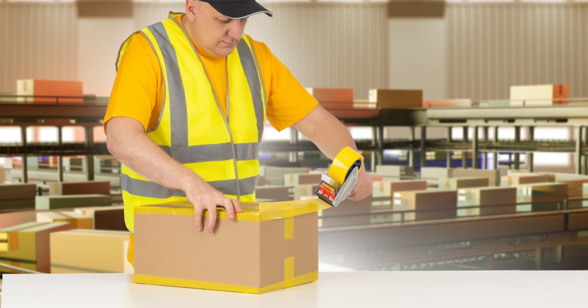 A man wearing a high visibility vest seals a cardboard box. There are conveyor belts behind him with more boxes.
