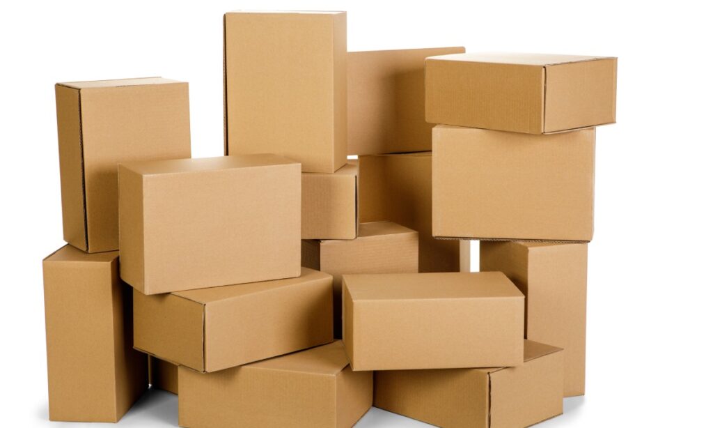 A pile of cardboard boxes stacked on top of each other. The boxes are in a white void with no other features.