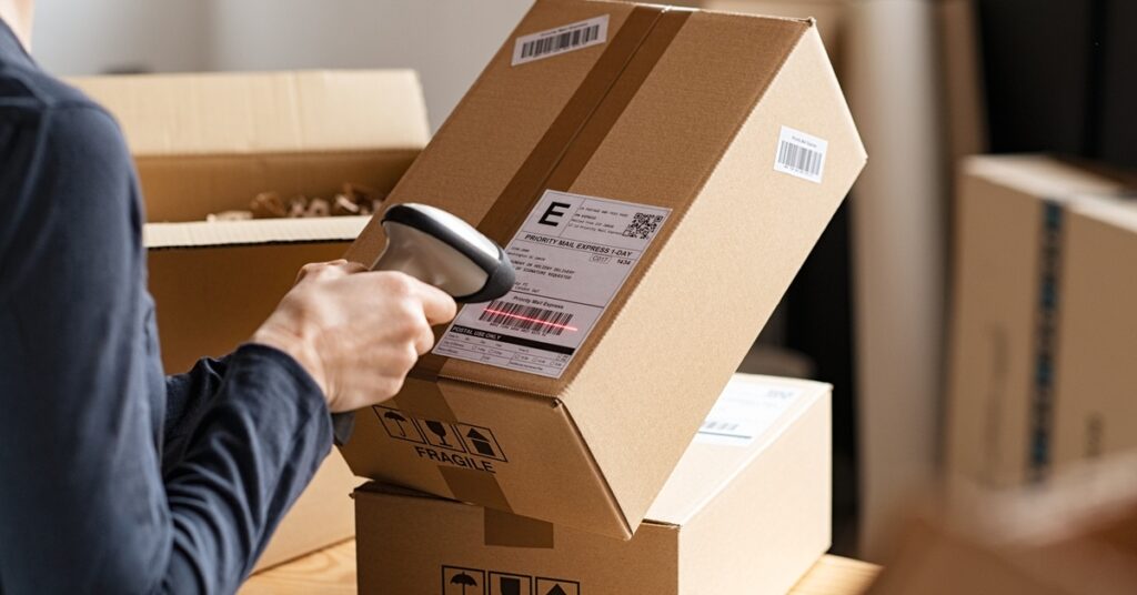 A woman is using a scanner to scan a bar code on a cardboard box. There are other boxes in the background.