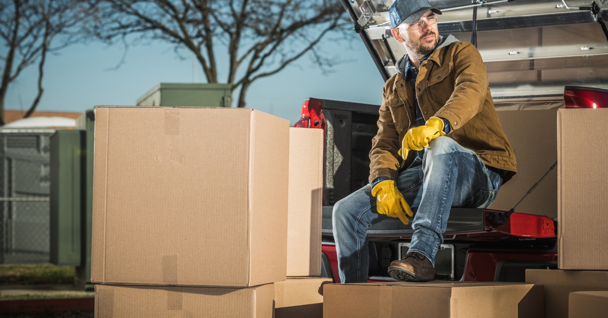 A man in a jacket and gloves is sitting on the back of a truck. There are cardboard boxes stacked in front of him.