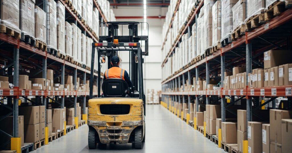 A person is driving a forklift down an aisle that is flanked on either side by pallet racks that are filled with boxes.
