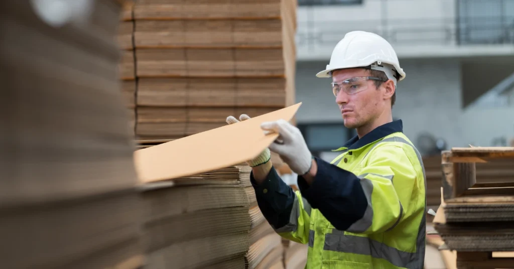 A man wearing a hi-vis jacket and a hard hat is lifting up a piece of cardboard from a larger stack of cardboard.