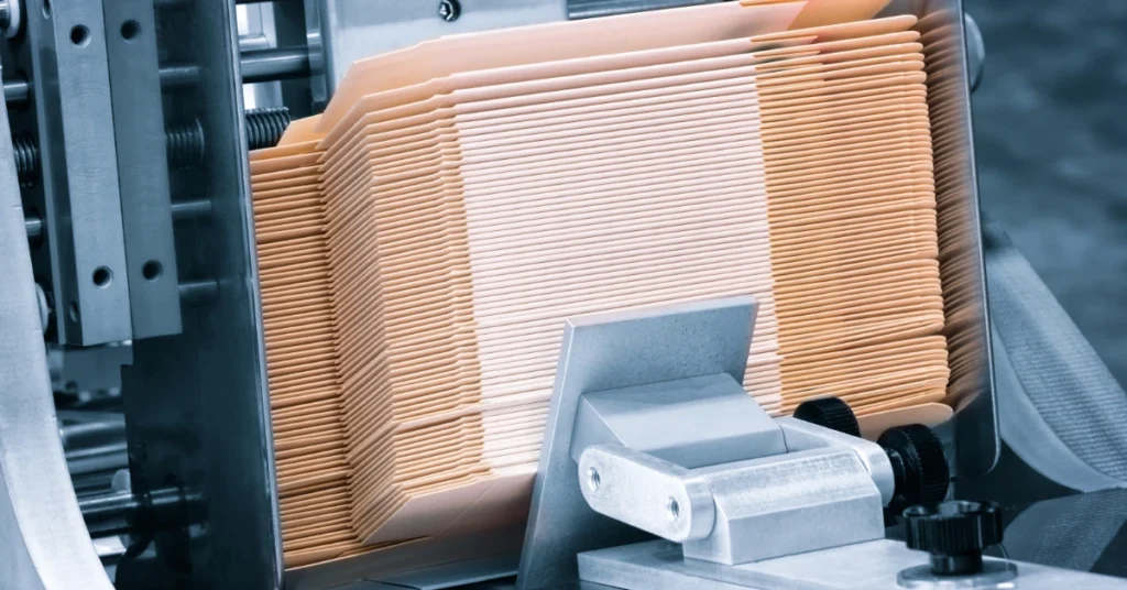 A stack of unfolded cardboard boxes is on an industrial machine. The cardboard boxes are pre-cut into a pattern.