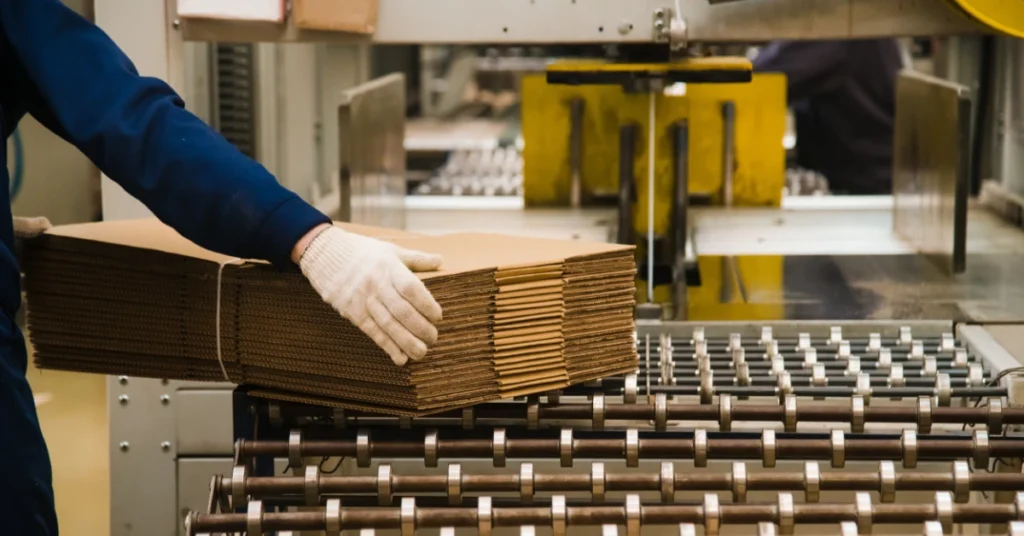 A person wearing thick white gloves is grabbing a stack of cardboard boxes off of a conveyor belt.
