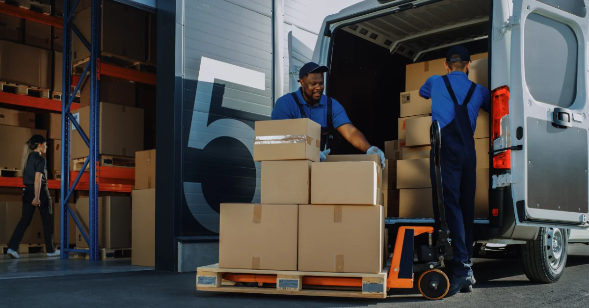 Two men are standing behind a van that has an open back. There are cardboard boxes in the back of the van.