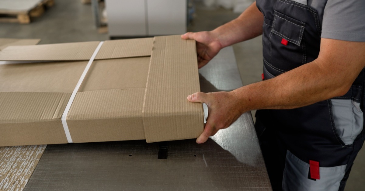 A person is grabbing onto a cardboard box. The person is wearing a protective apron, and they are standing in a warehouse area.