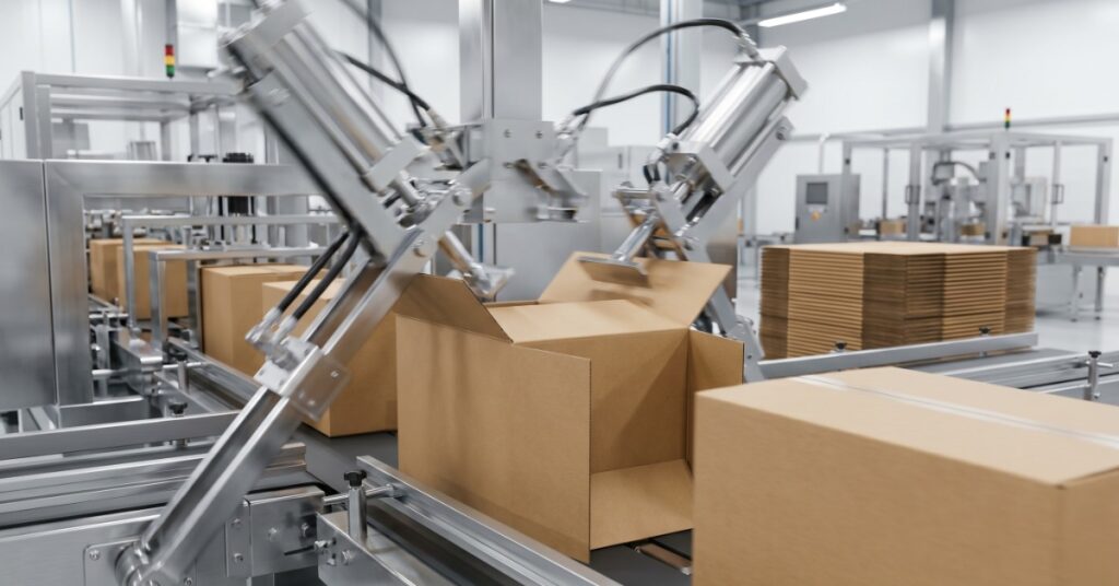 Several cardboard boxes are on a aconveyor belt in an industrial facility. Two robotic arms manipulate one of the boxes.