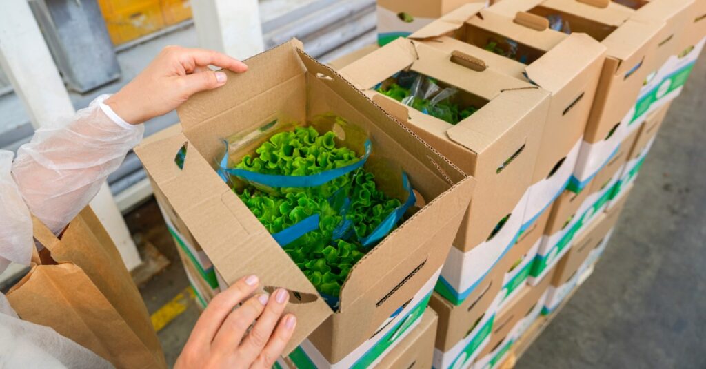 A person is opening up a cardboard box that is filled with green vegetables. There are stacks of similar boxes.